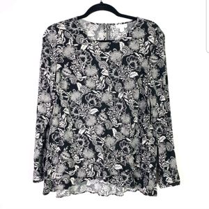 J Jill Womens Sz S Black White Floral Print Top